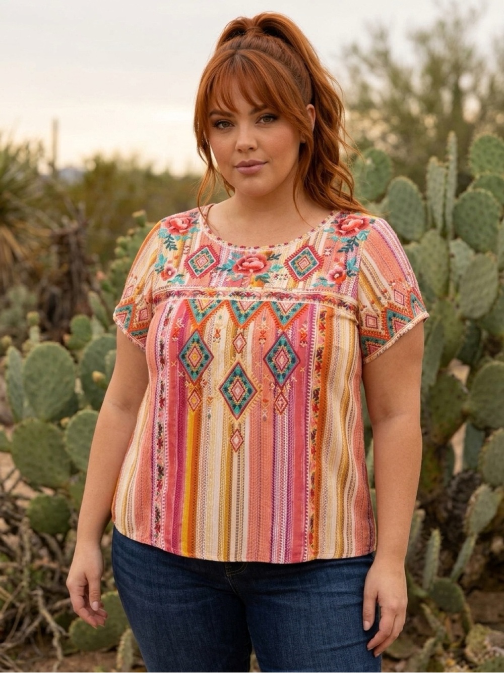 Savanna Jane Pink Multi Embroidered Striped Boho Top
